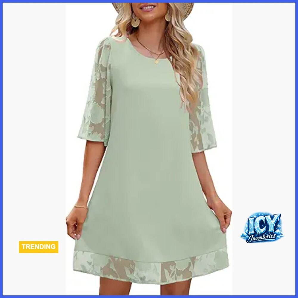 Floral Lace 3/4 Sleeve Shift Dress Tunic Summer Casual